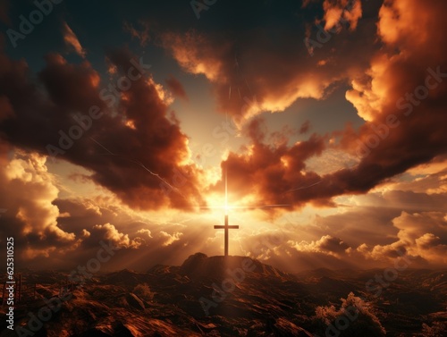 A Red Cross for Jesus logo on an expansive, heavenly sky background with a sunbeam streaming through clouds. The cross should stand as a beacon of hope amidst the stunning sunrise or sunset.