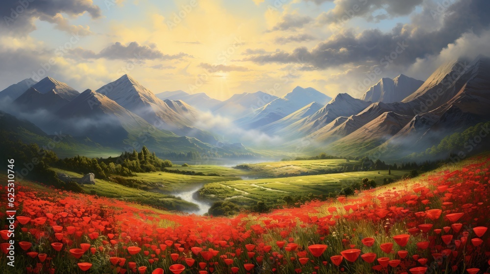 Fototapeta premium a painting of a mountain valley with a stream running through it. generative ai