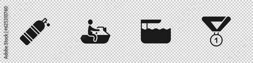 Set Aqualung, Jet ski, Diving board or springboard and Medal icon. Vector