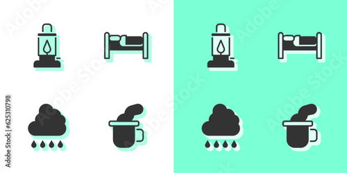 Set Cup of tea, Camping lantern, Cloud with rain and Bed icon. Vector