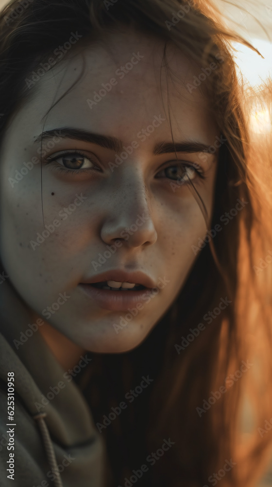 A beautiful young woman with a mole on her cheek and sunlight behind her hair  Generative Ai