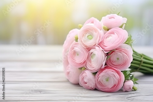 A beautiful bouquet of pale pink ranunculus flowers on the wooden table. copy space.