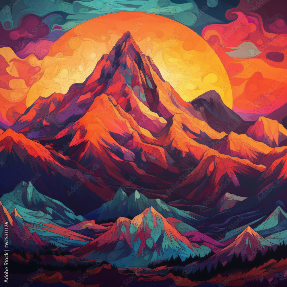 A majestic colorful mountain on a breathtaking sunset vector style illustration Generative Ai