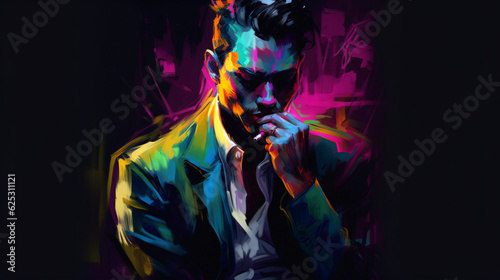 A stylish neon portrait of a man smoking a cigarette in a suit Generative Ai