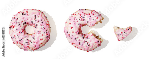 Bitten pink donut on white background