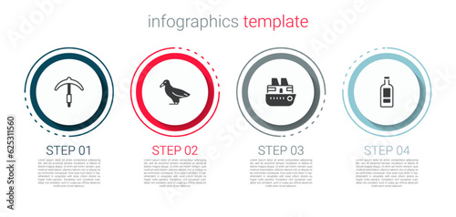 Set Pickaxe, Albatross, Cruise ship and Bottle of vodka. Business infographic template. Vector