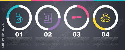 Set line Coffee cup and heart, machine, filter holder and beans. Business infographic template. Vector