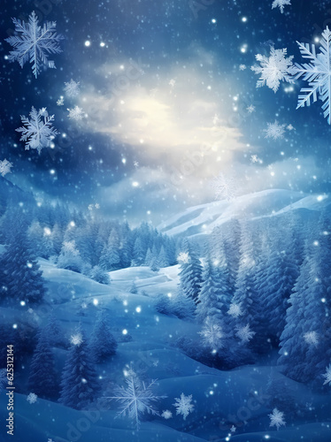 Christmas and New Year trees in the forest with snowflakes and copy space. It is snowing and dark. Holiday concept.