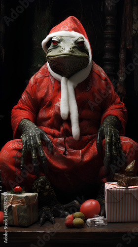 Animal, frog, wears a Santa suit and poses next to the presents. Dark background. Funny concept. Merry Christmas and Happy New Year. photo