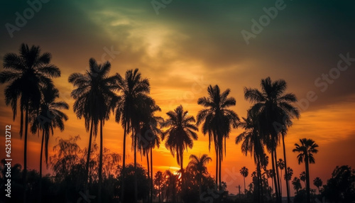 Golden palm tree silhouettes against vibrant sunset sky over water generated by AI