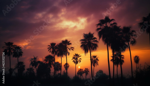 Vibrant sunset silhouettes palm tree in tranquil Caribbean seascape generated by AI