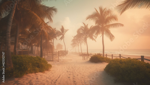 Tropical palm tree sways in the sunset on sandy beach generated by AI
