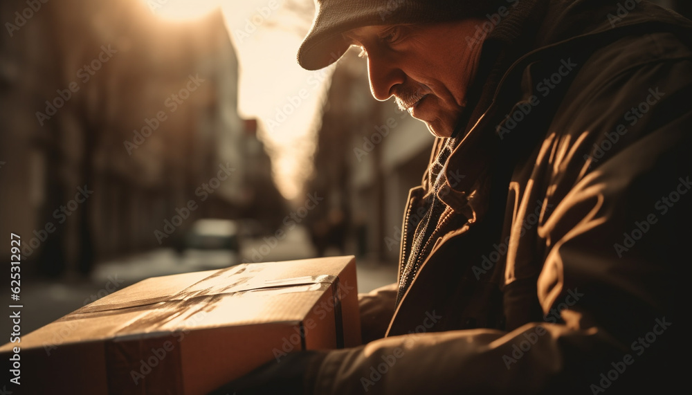 Fototapeta premium One man delivering package, sitting outdoors, back lit by sunset generated by AI