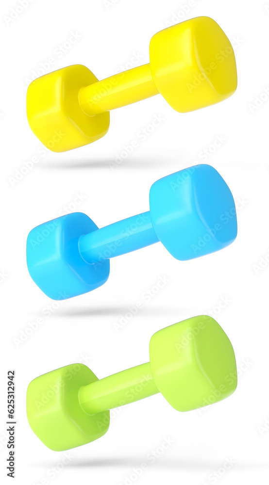 Set of dumbbells with rubber disks isolated on white background Set of dumbbells with rubber disks isolated on white background