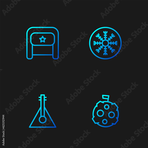 Set line Moon with flag, Balalaika, Ushanka and Snowflake. Gradient color icons. Vector