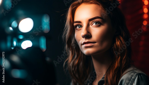 Beautiful young woman exudes confidence in fashionable studio portrait generated by AI