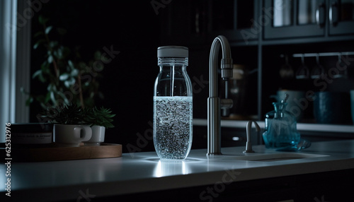 Fresh water in glass bottle on wooden table in kitchen generated by AI