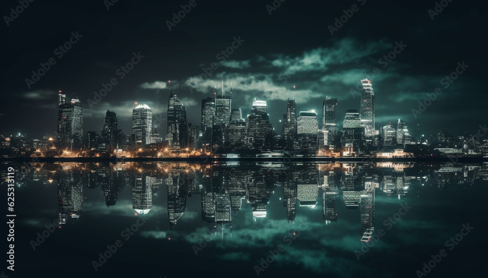 Modern skyline illuminates waterfront city with futuristic architecture and reflection generated by AI