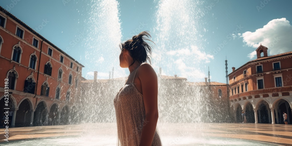 Φωτογραφία sweting girl at the fountain in the city, Dew-Wet Woman Amidst a Mediterranean F