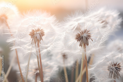 Dandelion seeds blowing in the wind across a summer field background, conceptual image meaning change, growth, movement and direction. High quality photo