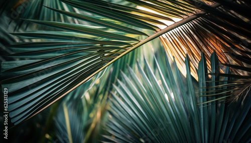 Green palm frond pattern on blue tropical background, serene beauty generated by AI © djvstock