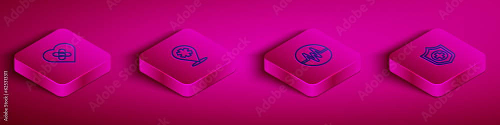 Set Isometric line Healed broken heart, Location with cross hospital, Heart rate and Life insurance in hand icon. Vector Set Isometric line Healed broken heart, Location with cross hospital, Heart rate and Life insurance in hand icon. Vector