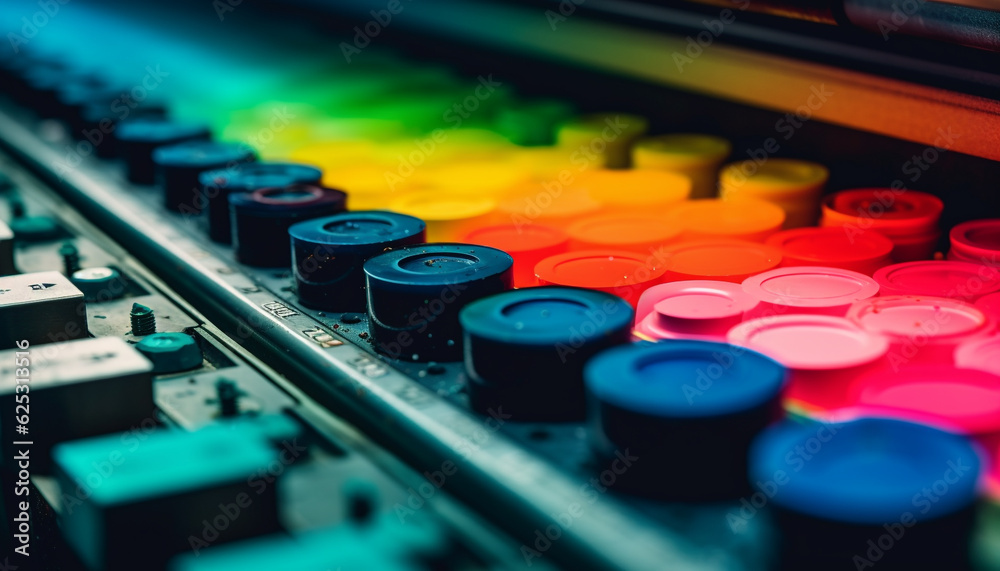 Sound mixer knob controls multi colored equipment in recording studio generated by AI