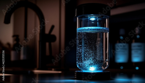 Fresh drop of purified water in glass reflects blue nature generated by AI