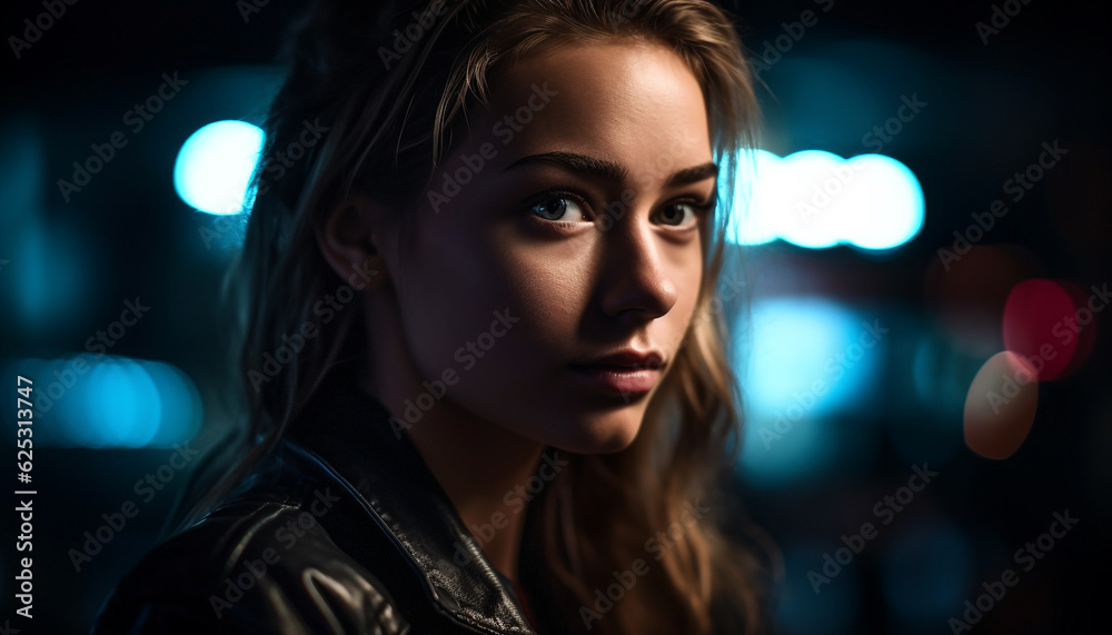 Young adult woman, portrait of beauty, looking at camera outdoors generated by AI Young adult woman, portrait of beauty, looking at camera outdoors generated by AI