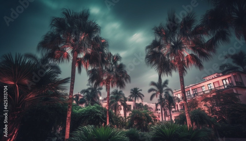 Tropical palm trees illuminate the dark coastline at dusk generated by AI © djvstock