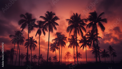 Tranquil scene of an idyllic tropical coastline at sunset generated by AI © djvstock
