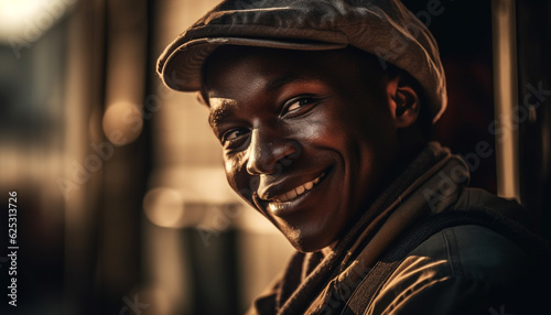African American man smiling with confidence in fashionable winter attire generated by AI