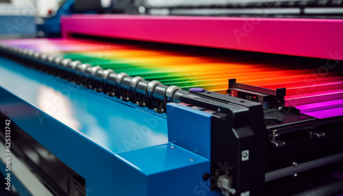 Modern printing press in a factory, producing multi colored documents generated by AI