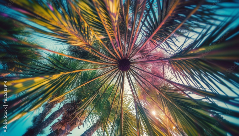 Vibrant tropical palm tree frond illuminated by sunset backdrop generated by AI Vibrant tropical palm tree frond illuminated by sunset backdrop generated by AI