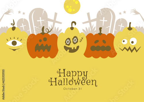ハロウィンの背景イラスト かぼちゃのおばけと墓地と月