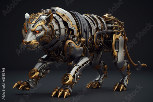 A tiger made of metal and gold on a black background. Generative AI.