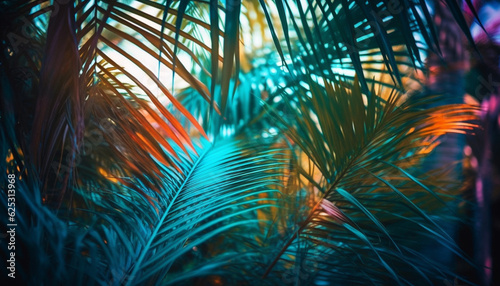 Vibrant sunset colors illuminate tranquil tropical rainforest palm tree backdrop generated by AI