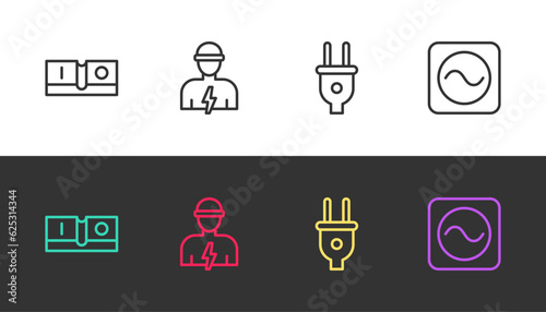 Set line Electric light switch, Electrician, plug and AC voltage source on black and white. Vector