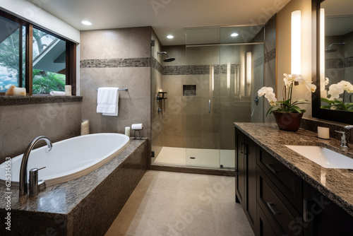 A minimalistic modern bathroom with standalone bathtub and shower  long sink and ficus plant. High quality photo