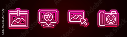 Set line Photo frame, Camera shutter, retouching and camera. Glowing neon icon. Vector