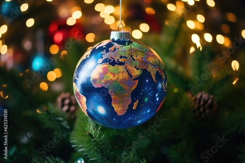 A globe ornament hanging from a christmas tree. Generative AI.