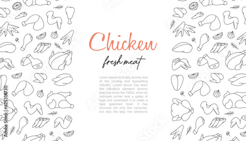 Chicken meats banner. Domestic chicken meat set. Chicken farming products. Whole chicken, brisket wing, fillet, ham, leg, breast, shank, drumstick.