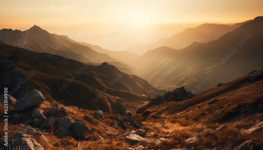 Majestic mountain range, tranquil meadow, sunrise, hiking adventure awaits generated by AI