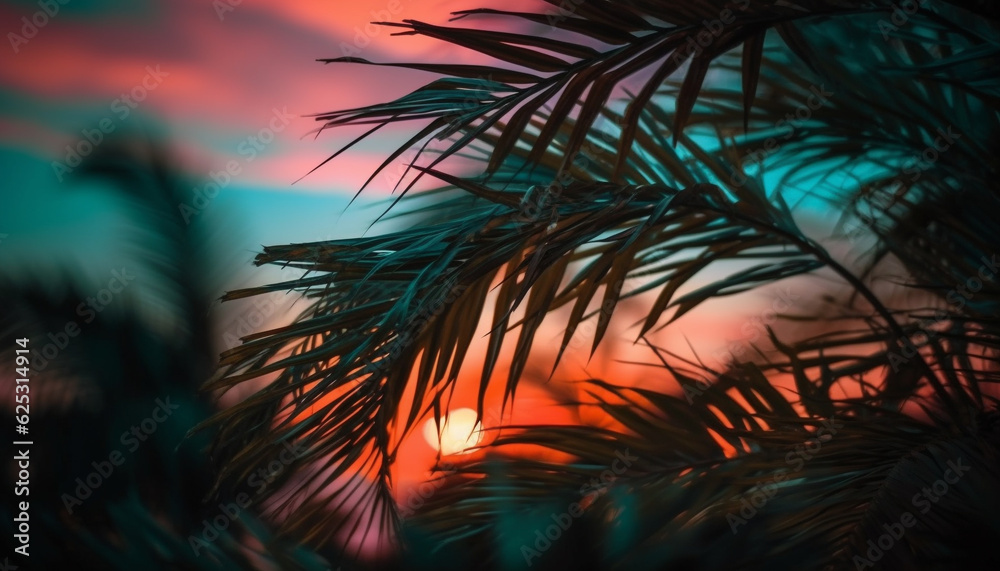 Tranquil dusk, palm tree silhouettes against vibrant orange sunset generated by AI