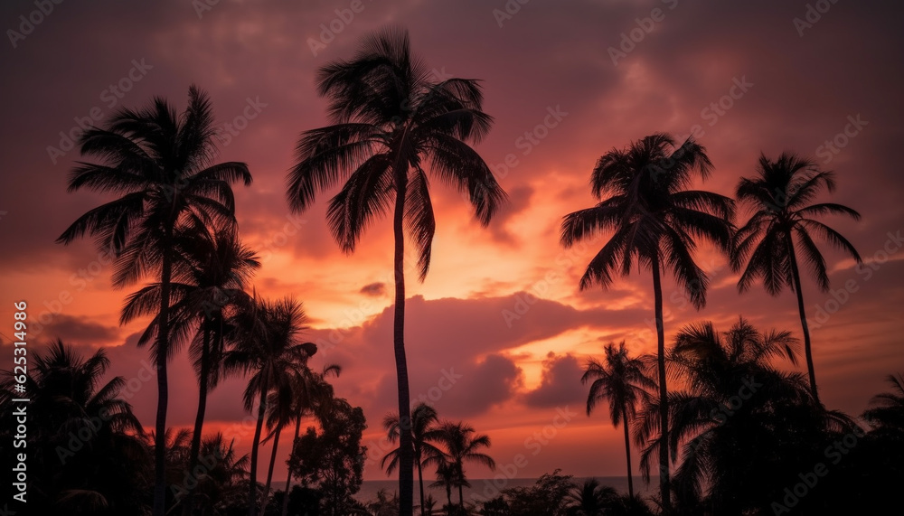 Silhouette of palm tree back lit by vibrant sunset sky generated by AI