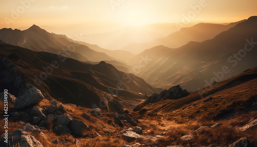 Majestic mountain range, tranquil meadow, sunrise, hiking adventure awaits generated by AI