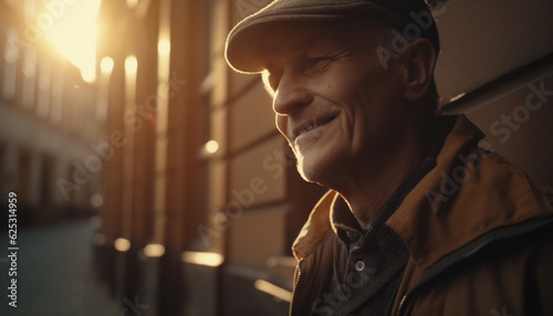 Senior man in casual jacket smiling confidently at city sunset generated by AI