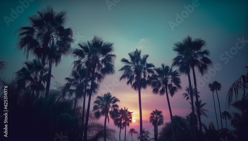 Silhouette of palm tree back lit by sunset on coastline generated by AI
