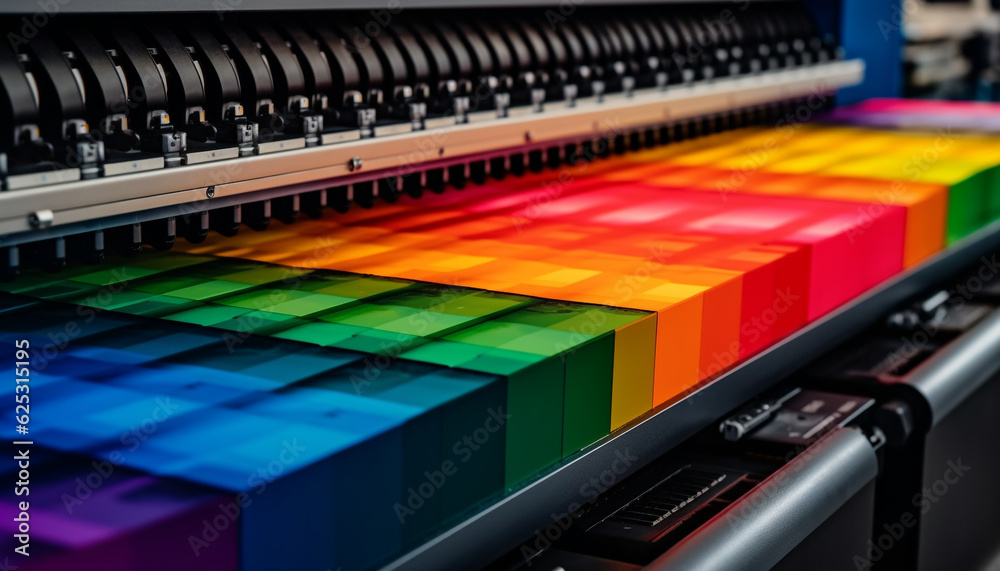Multi colored machinery in a row, printing press controls ink order generated by AI
