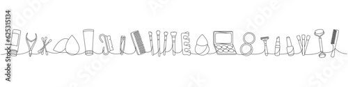 Makeup tools one line continuous drawing. Cosmetic cream, nail tongs, sponge, comb, brushes, makeup palette, nail polish, massage roller
